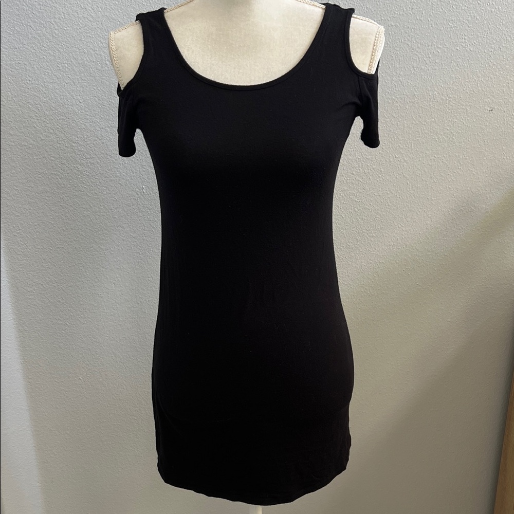 Suzy Shier Black Cold Shoulder Bodycon Mini Dress Stretch Rayon Spandex Size S